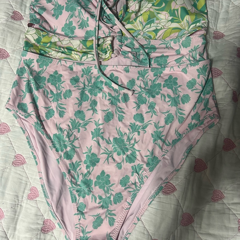 Forever 21 Green and Pink Floral One Piece Swimsuit